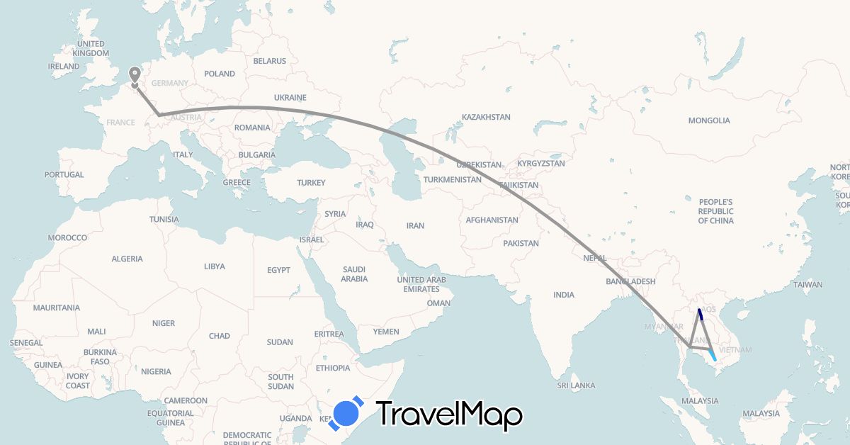 TravelMap itinerary: driving, plane, boat in Belgium, Switzerland, Cambodia, Laos, Thailand (Asia, Europe)